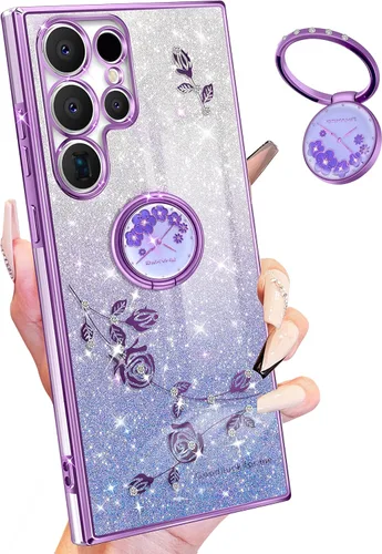 Funda para Samsung Galaxy S22 Ultra con purpurina brillante para mujeres y niñas, cubierta de teléfono morada, diseño floral con anillo de flores