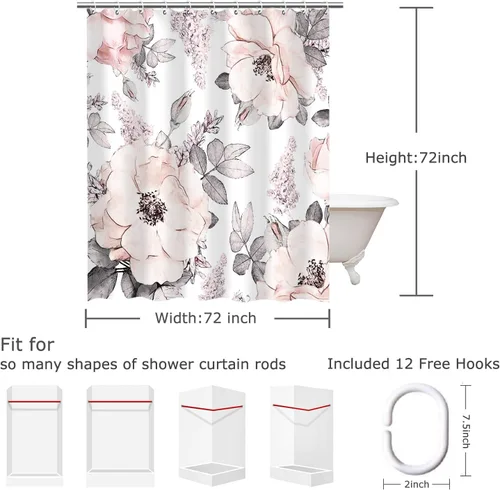 Miniatura 4 de LIVILAN Cortina de ducha con flores rosas y grises, cortinas de ducha florales de acuarela con ganchos, tela blanca y gris, decoración de baño