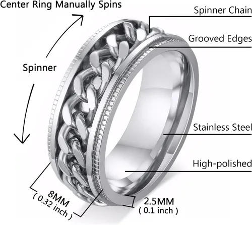 Miniatura 2 de Anillo giratorio para la ansiedad para hombre, 0.315 in, acero inoxidable, rotación de anillos de boda para hombres y mujeres, sin estrés, plateado
