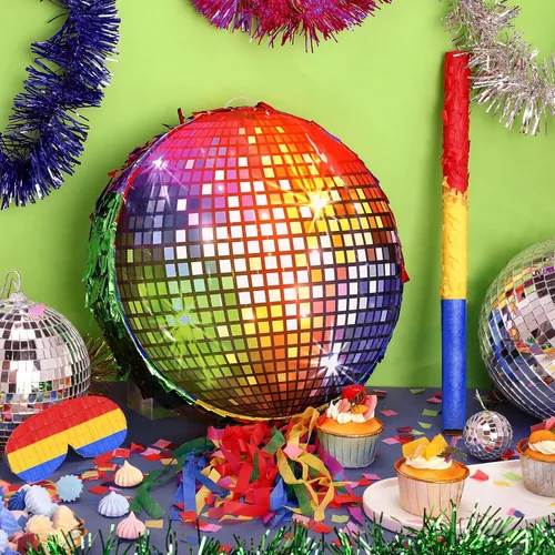 Miniatura 3 de Aoriher Piñata 12.6 x 12.6 x 3 pulgadas, juego de fiesta de discoteca, piñata, lámina plateada, decoración de los años 80 y 90 con máscara de palo