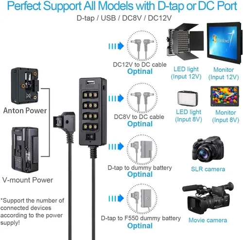 Miniatura 3 de Alvin's Cables Cable divisor D-tap con interruptor de alimentación macho DTap a 4 hembra D Tap 2 DC USB para batería de montaje en V para cámara