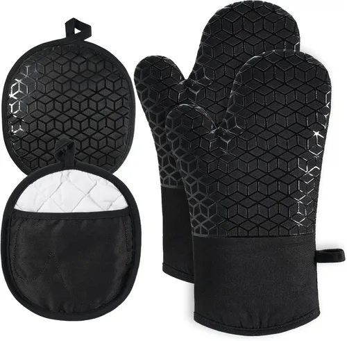 Manoplas de horno y soportes para ollas, juego de guantes de horno resistentes al calor de 500 ℉, guantes de horno de silicona, agarre texturizado
