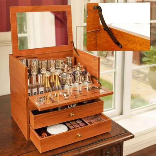 Miniatura 7 de Organizador de maquillaje, organizador de maquillaje de madera retro con espejo y 2 cajones, soporte grande para brochas de cuidado de la piel