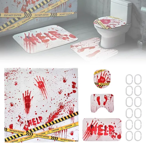 Miniatura 4 de Juego de 4 cortinas de ducha de Halloween, juego de baño impermeable de Halloween con alfombras antideslizantes, cubierta para tapa de inodoro