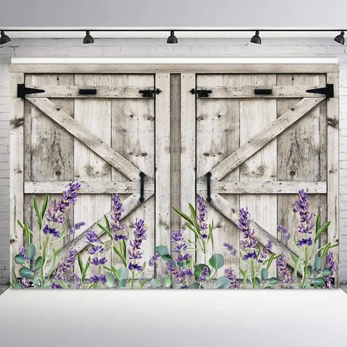 LB Telón de fondo de fotos de madera rústica de 5 x 3 pies, puerta de granero vintage con flores moradas y hojas verdes, telón de fondo de lavanda