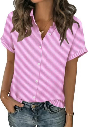 Miniatura 10 de Zeagoo Blusas de verano de manga corta para mujer, camisas casuales con botones, blusas de trabajo de negocios sólidas/a rayas