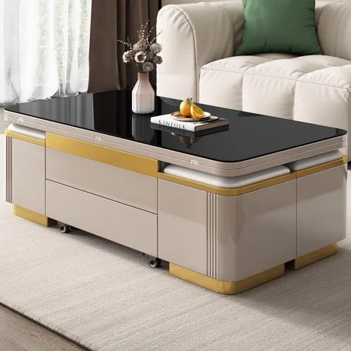 Miniatura 4 de Guyii Mesa de centro elevable con taburetes de almacenamiento, mesa central 3 en 1, altura ajustable, mesa plegable para sala de estar, ahorro