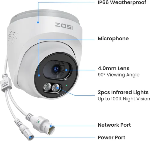 Miniatura 8 de ZOSI Cámara IP PoE complementaria C220 de 4MP QHD 2.5K para exteriores, cámara de vigilancia de 1440p para exteriores al sistema de seguridad
