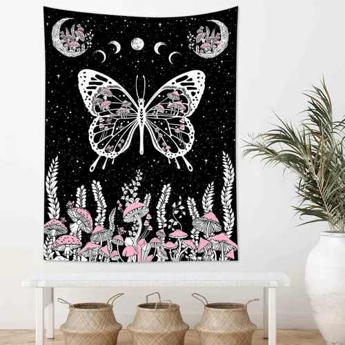 Miniatura 20 de LB Tapiz pequeño de mariposa colorido para colgar en la pared, diseño psicodélico de flores silvestres 3D, mariposas de fantasía floral, arte