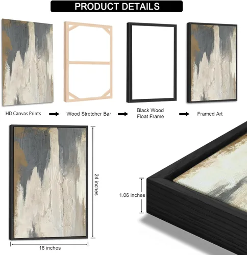 Miniatura 5 de Arte de pared abstracto enmarcado grande - Cuadros de lienzo enmarcados naturales para sala de estar, impresiones modernas en lienzo gris azul