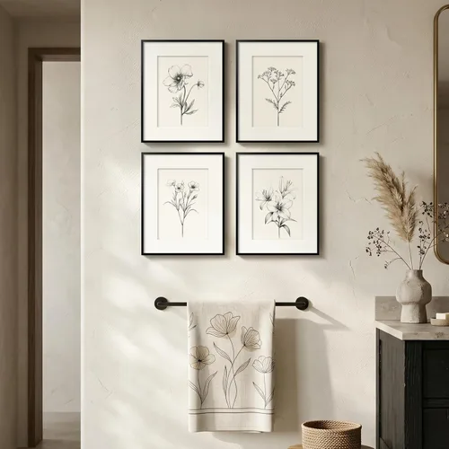 Arte de pared botánico enmarcado en blanco y negro para baño, 4 piezas minimalistas de plantas florales para paredes, impresiones de flores vintage
