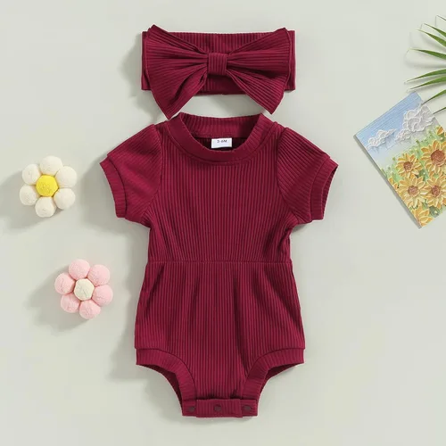 Miniatura 37 de Traje de verano para niña pequeña, de manga corta, acanalado, overol liso, pantalones cortos, ropa para recién nacidos