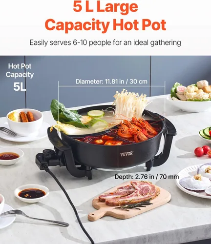 Miniatura 3 de VEVOR Olla caliente eléctrica, olla Shabu Shabu Shabu de doble sabor de 1360 W, 5 L, cocina eléctrica antiadherente con divisor, tapa de vidrio