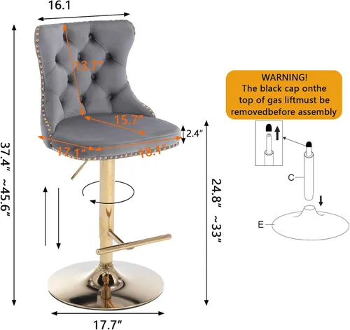 Miniatura 2 de Taburete de bar giratorio ajustable de altura de mostrador, silla de bar tapizada de terciopelo dorado con base cromada con respaldo acolchonado