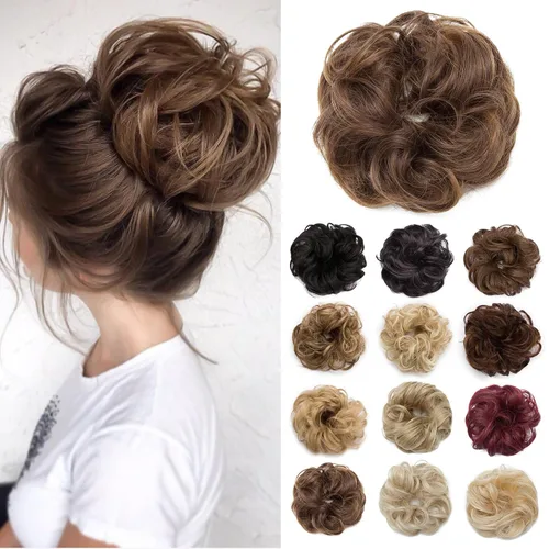 Miniatura 18 de Benehair Moño desordenado, pieza de pelo recogido para mujer, esponjoso, ondulado, moño con dona, moño sintético con banda elástica de goma