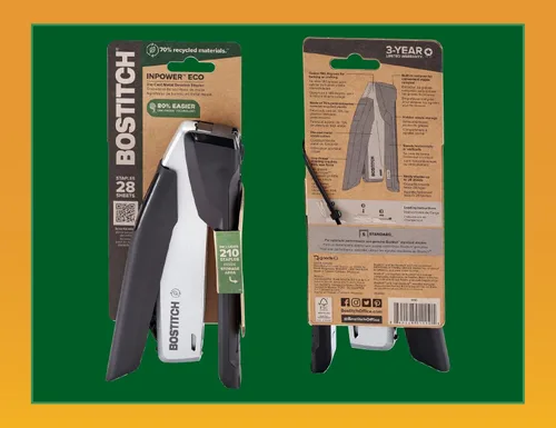 Miniatura 8 de Bostitch Office InPower Engrapadora de escritorio ecológica, tecnología de un dedo, sin atascos, incluye 210 grapas, color negro (1100)