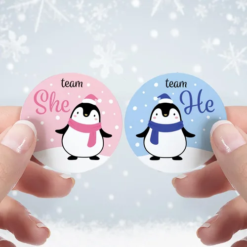 Miniatura 2 de Waddle It Be? Pegatinas de fiesta de revelación de género de pingüino, equipo él o equipo ella, rosa o azul, 40 unidades 1.75" Round, 20 Team He