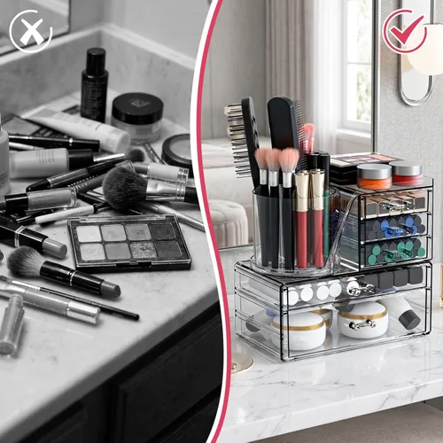 Miniatura 4 de ShineMe Organizador de maquillaje acrílico, organizador de cosméticos apilable de 2 niveles para tocador con soporte giratorio de 360° para brochas
