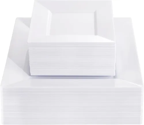 Liacere 100 piezas de platos cuadrados de plástico blanco - 50 piezas de platos de cena resistentes de 9.5 pulgadas y 50 piezas de platos de postre