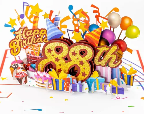 Miniatura 11 de iGifts And Cards Tarjeta desplegable 3D de feliz cumpleaños 87 – Diseño azul con números de purpurina, globos, pasteles y regalos – Tarjeta