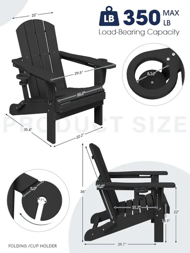 Miniatura 2 de KINGYES Silla plegable Adirondack con portavasos dobles - Sillas de exterior de HDPE para todo clima, silla de patio tipo madera para el patio Negro