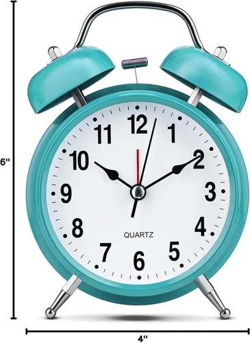 Miniatura 5 de Bernhard Products Reloj despertador analógico de 4 pulgadas, doble campana, color azul, silencioso, sin tictac, de cuarzo, funciona con pilas, extra