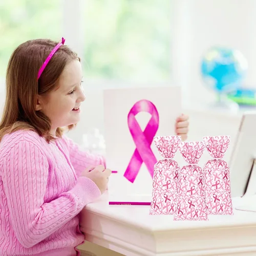 Miniatura 7 de Whaline 150 bolsas de regalo de celofán para concientización sobre el cáncer de mama con 200 lazos torcidos, bolsas de regalo de cinta rosa, bolsas