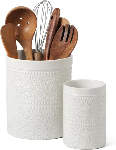 FUN ELEMENTS Portautensilios de Cocina, 7.2+5.5" Recipiente para Utensilios Súper Grande Pesado y Estable con Relieve de Encaje Portautensilios de