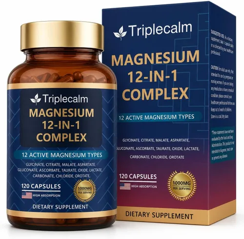 Complejo de magnesio 12 en 1 para mujeres y hombres, suplemento de magnesio de alta absorción de 1000 mg con glicinato, citrato, malato y taurato,