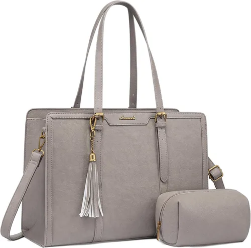 Miniatura 19 de LOVEVOOK Bolsa de mano para laptop para mujer, bolsa de trabajo vintage de 15.6 pulgadas con embrague, bolso grande de cuero para laptop con soporte