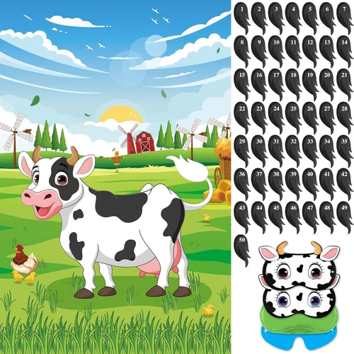 Hxezoc Pin The Tail on the Cow Game con 50 piezas de colas, póster de juegos de fiesta de vaca grande para niños, fiesta de cumpleaños temática de