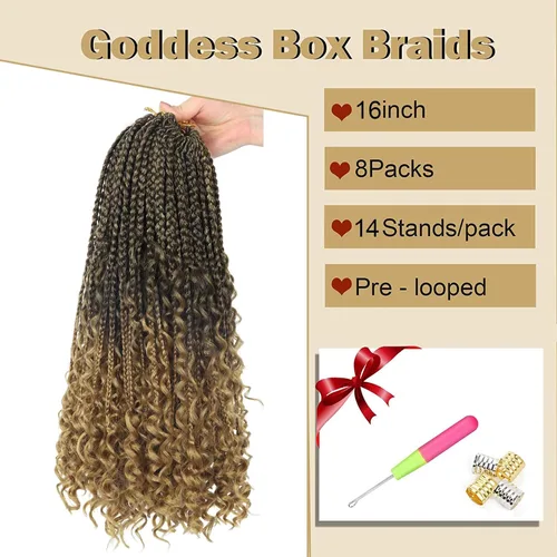 Miniatura 2 de Goddess Box Braids - Cabello de Ganchillo con Puntas Rizadas de 16 Pulgadas, Trenzas de Caja Bohemias de Ganchillo, 8 Paquetes, Trenzas de Ganchillo