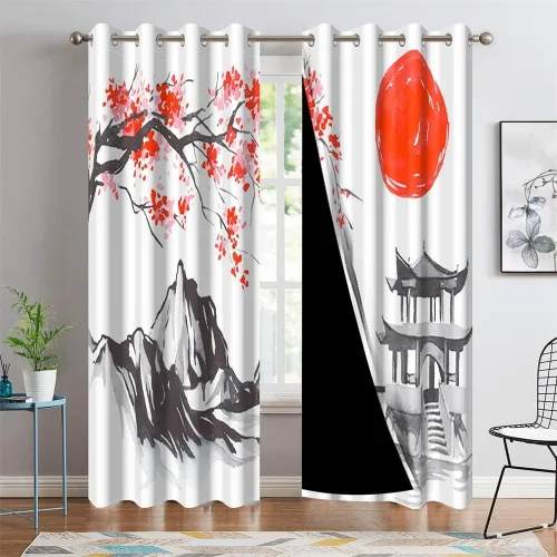 Miniatura 21 de Cortinas japonesas con pintura de tinta, monte Fuji, sol rojo, puesta de sol, hojas de bambú, cortinas de ventana para dormitorio, sala de estar