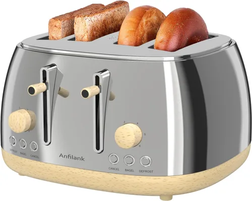Miniatura 9 de Tostadora de 4 rebanadas, tostadora retro de acero inoxidable con ranuras extra anchas, funciones de cancelar, bagel y descongelar, panel de control