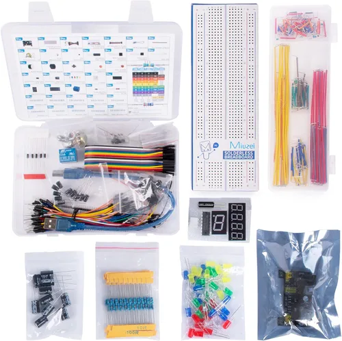 Miniatura 2 de Miuzei Kit de componentes electrónicos con módulo de suministro, cable de puente, placa de 830 puntos de conexión, potenciómetro de precisión