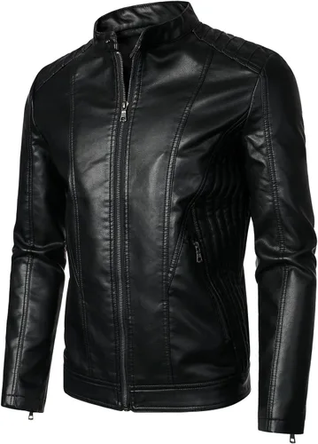 Miniatura 2 de HOOD CREW Chaquetas de cuero para hombre, chaqueta de motocicleta negra, cuello alto, chaqueta de piel sintética