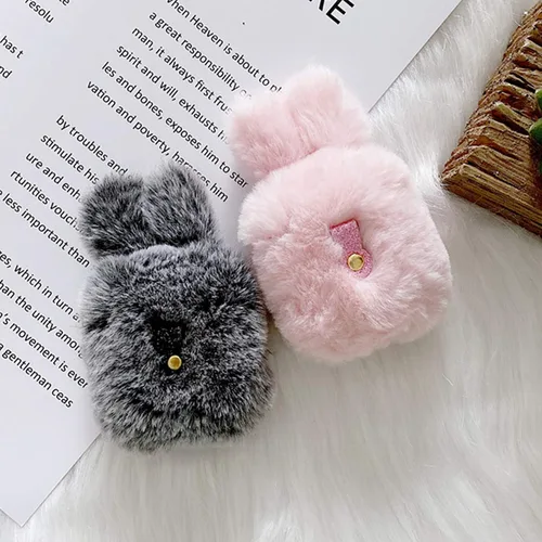 Miniatura 4 de Guppy Compatible con AirPods Furry Bunny Case Girls 3D Cartoon Cute Rabbit Ears Plush Fluffy Warm Funda de transporte suave funda protectora Rosa