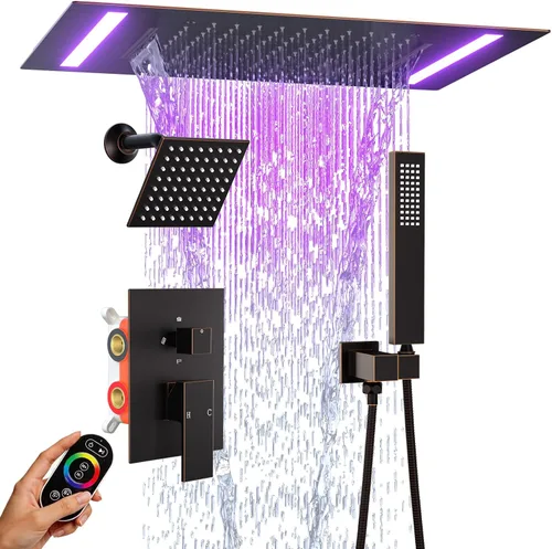 Miniatura 13 de ENGA Sistema de cabezal de ducha de lluvia doble, 2 en 1 funciones de montaje en techo, cabezal de ducha LED de 14 x 20 pulgadas con cabezal de Oro