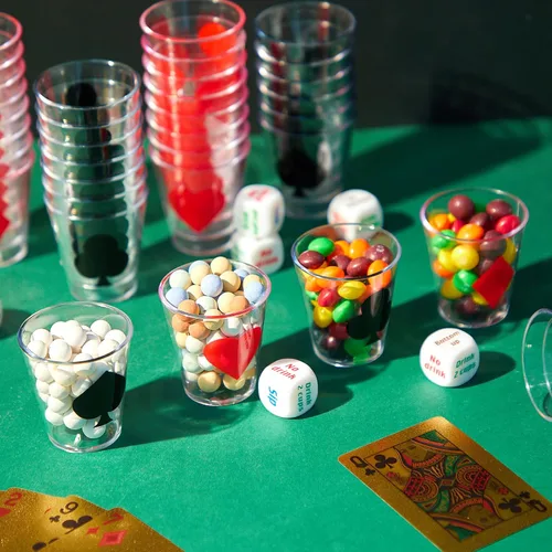 Miniatura 6 de Zubebe 72 vasos de chupito de casino de 2 onzas de plástico, vasos de casino de póquer para fiestas temáticas de Las Vegas, suministros de póquer