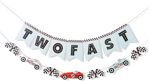 Two Fast Banner - Decoraciones de cumpleaños de coche de carreras, pancarta vintage de coche de carreras, 2do cumpleaños Cake Smash