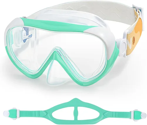 Máscara de natación para niños, gafas de natación para niños de 180° antivaho, a prueba de fugas, con cubierta de nariz y correa de tela para edades