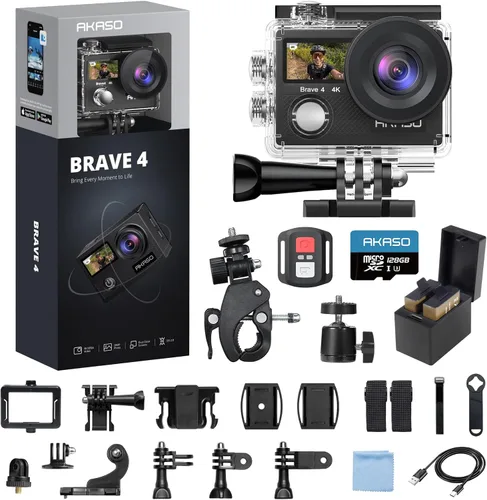 Miniatura 2 de AKASO Brave 4 Cámara de acción 4K 30fps con tarjeta MicroSD U3 de 128 GB y trípode Selfie Stick de 23.6 in