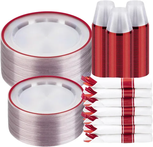 Miniatura 11 de BESTSTAR Juego de 175 platos desechables transparentes y negros para 25 invitados, 50 platos de plástico, 25 vasos, 25 servilletas preenrolladas