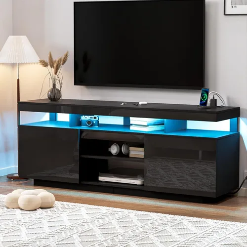 Miniatura 9 de HOMMPA Soporte de TV LED de 70 pulgadas con tomas de corriente, moderno centro de entretenimiento con luces LED para sala de estar, gabinete Negro