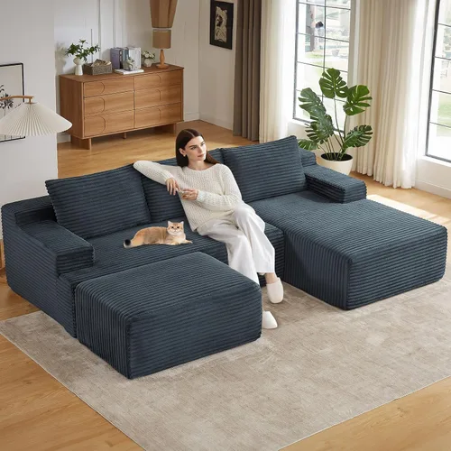 Miniatura 42 de Sofá modular de 95 pulgadas con otomana, moderno sofá nube de pana con asiento profundo, sofá sin hueso tapizado de 3 plazas en forma de U para sala