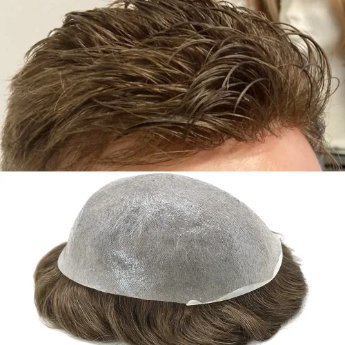 Miniatura 10 de Ultra Thin Skin Mens Toupee Invisible Hombres Reemplazo De Pelo Poly Hairpiece V-loop 0.001 in Piel Delgada Sistema De Pelo Humano Negro Marrón #