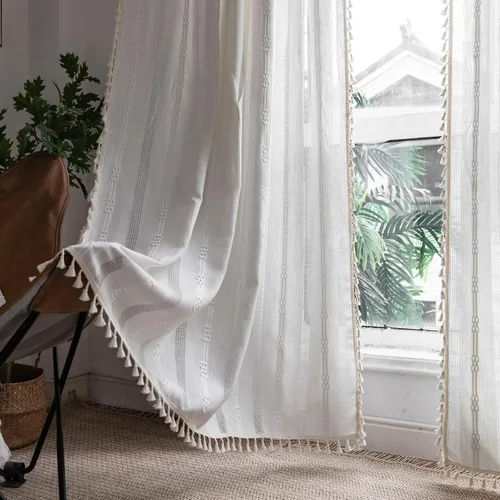 Miniatura 12 de Cortinas de lino de granja estilo bohemio Aveboll de 63" 84" 96" pulgadas de largo, juego de 2 paneles, cortinas modernas y rurales con bordado