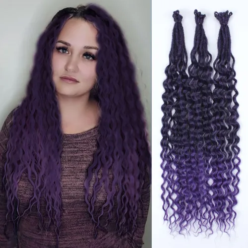 Miniatura 56 de Extensiones de rastas trenzadas bohemias de 24 pulgadas, 10 hebras de rastas sintéticas rizadas color marrón degradado con trenza de caja, rastas