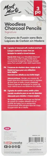 Miniatura 2 de Mont Marte Lápices de carbón sin madera, 3 piezas. Cuenta con 3 grados de carbón incluyendo suave, medio y duro.