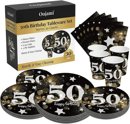Oojami Juego de suministros para fiesta de cumpleaños número 50, sirve para 30, incluye platos llanos de 9 pulgadas, platos de postre de 7 pulgadas,